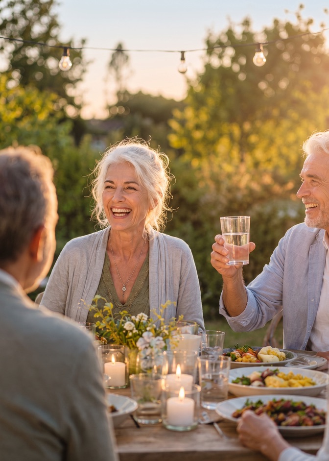 Withings Medical members enjoying an evening dinner outdoors with friends their age