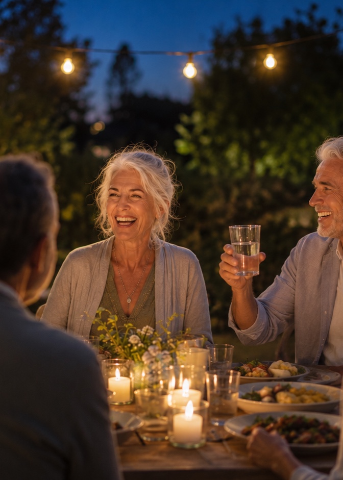 Withings Medical members enjoying an evening dinner outdoors with friends their age