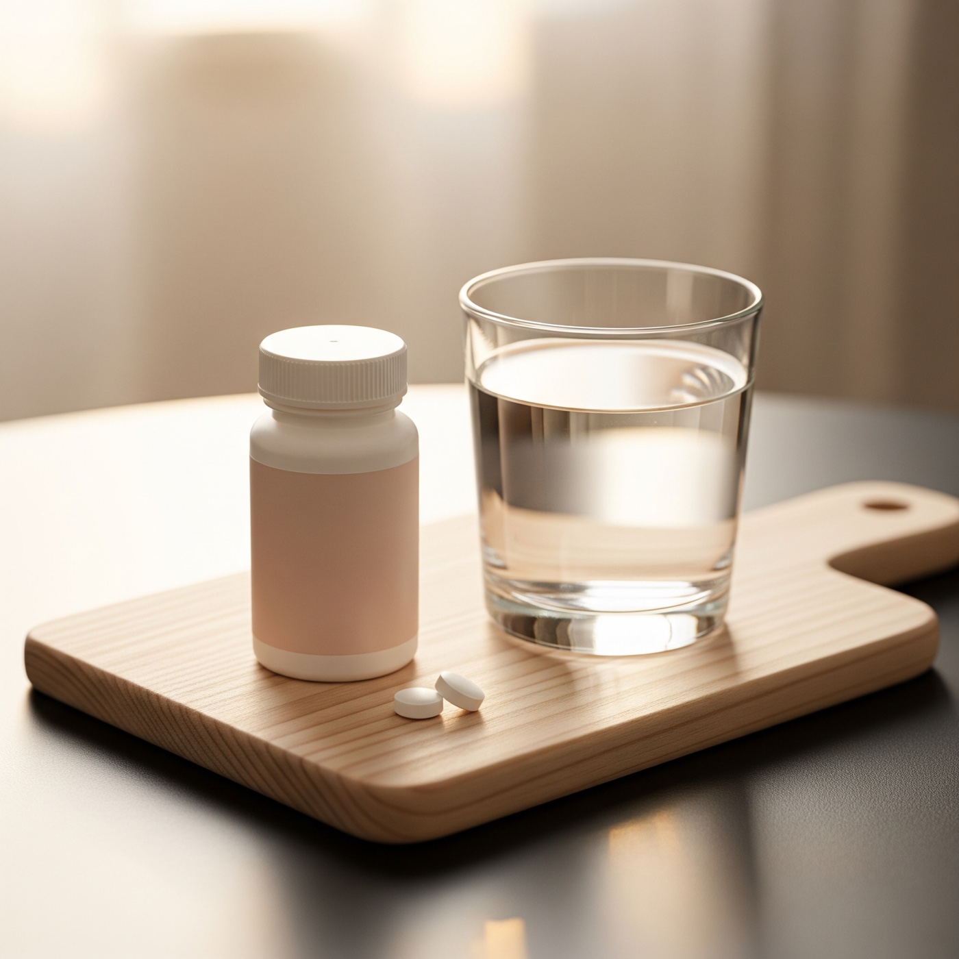 A prescription pill bottle and a glass of water on a wooden board